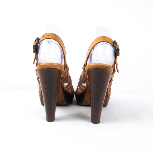 Frye Joy Huarache Platform Sandals Size 7.5 Braided Woven Leather Heels Brown - Picture 4 of 8